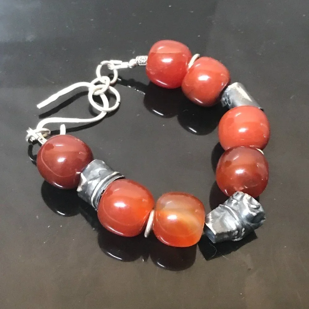 Barrel Carnelian Chunky Bracelet Sterling Silver Tribal Rustic Primitive 925